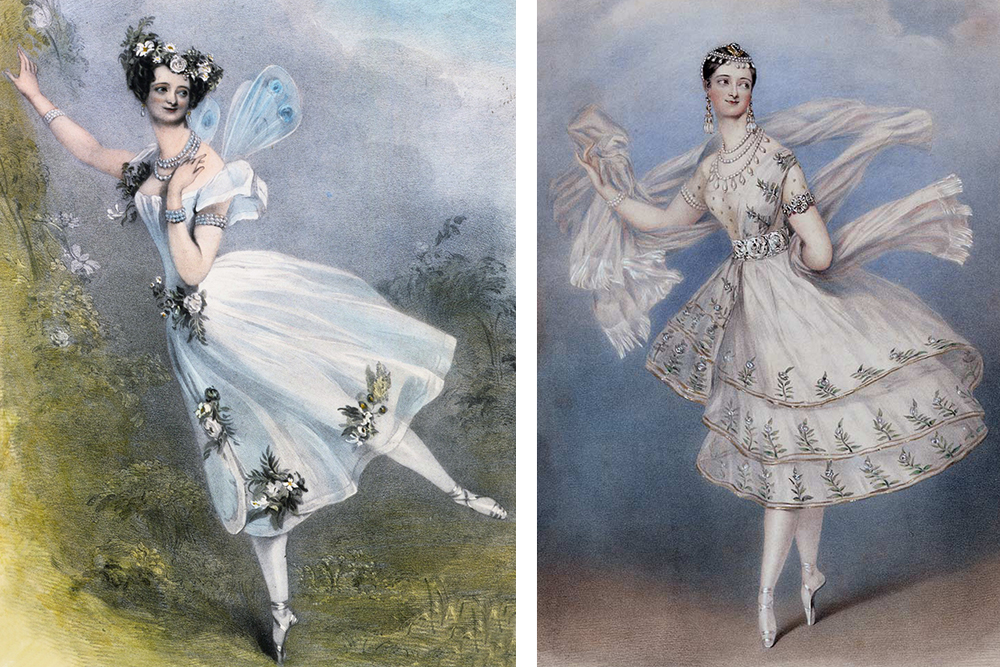 Слева: Мария Тальони в балете «Зефир и Флора»; справа: Мария Тальони  в балете «Баядерка», 1830е годы