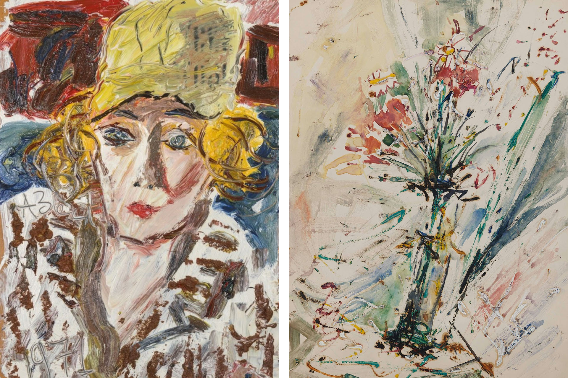 Анатолий Зверев, слева: «Портрет Оксаны Михайловны Асеевой», 1971 год / справа: «Букет в бутылке», вторая половина 1950-х годов