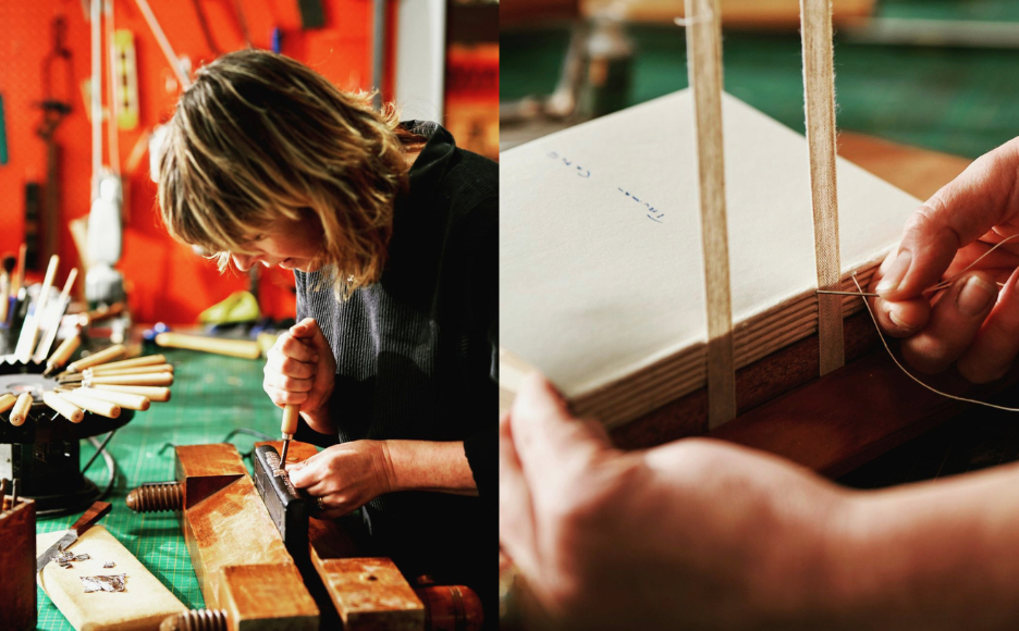 Кейт Холланд в своей мастерской за работой над проектом нового переплета книги «Завтрак у Тиффани»