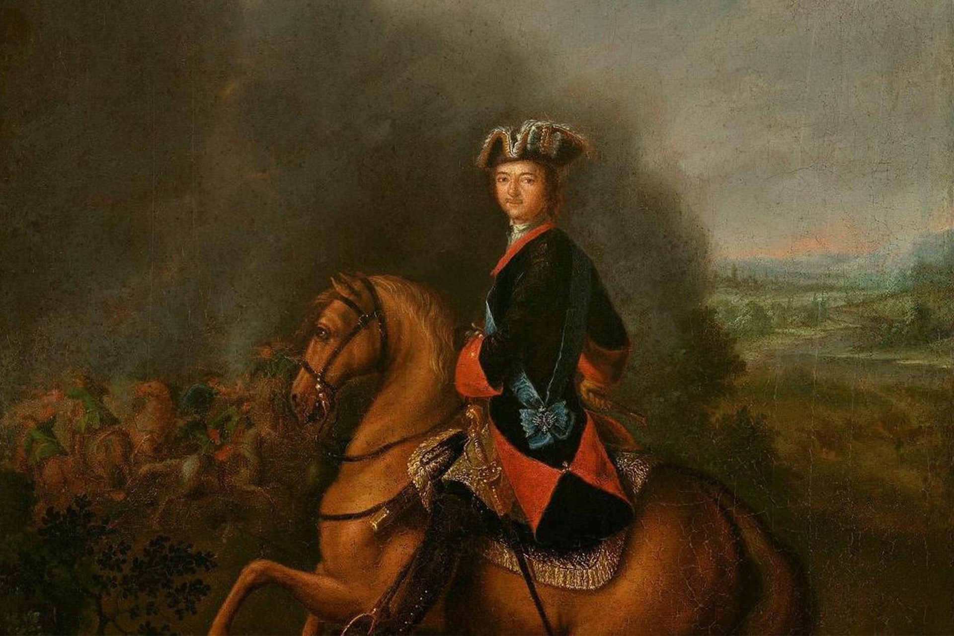 Неизвестный художник середины XVIII века. Портрет Петра I на фоне Полтавской битвы