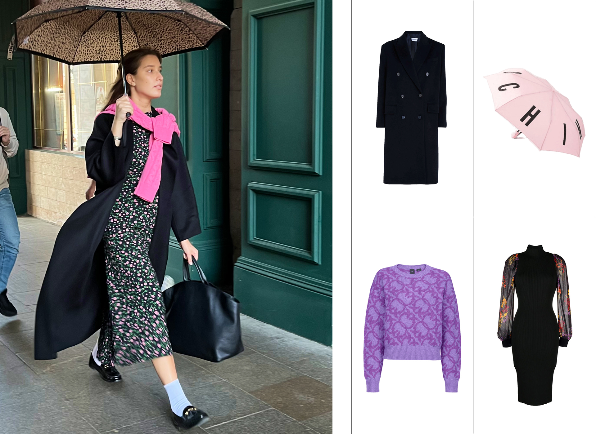 Пальто Calvin Klein; зонт Moschino; джемпер Pinko; платье TWINSET