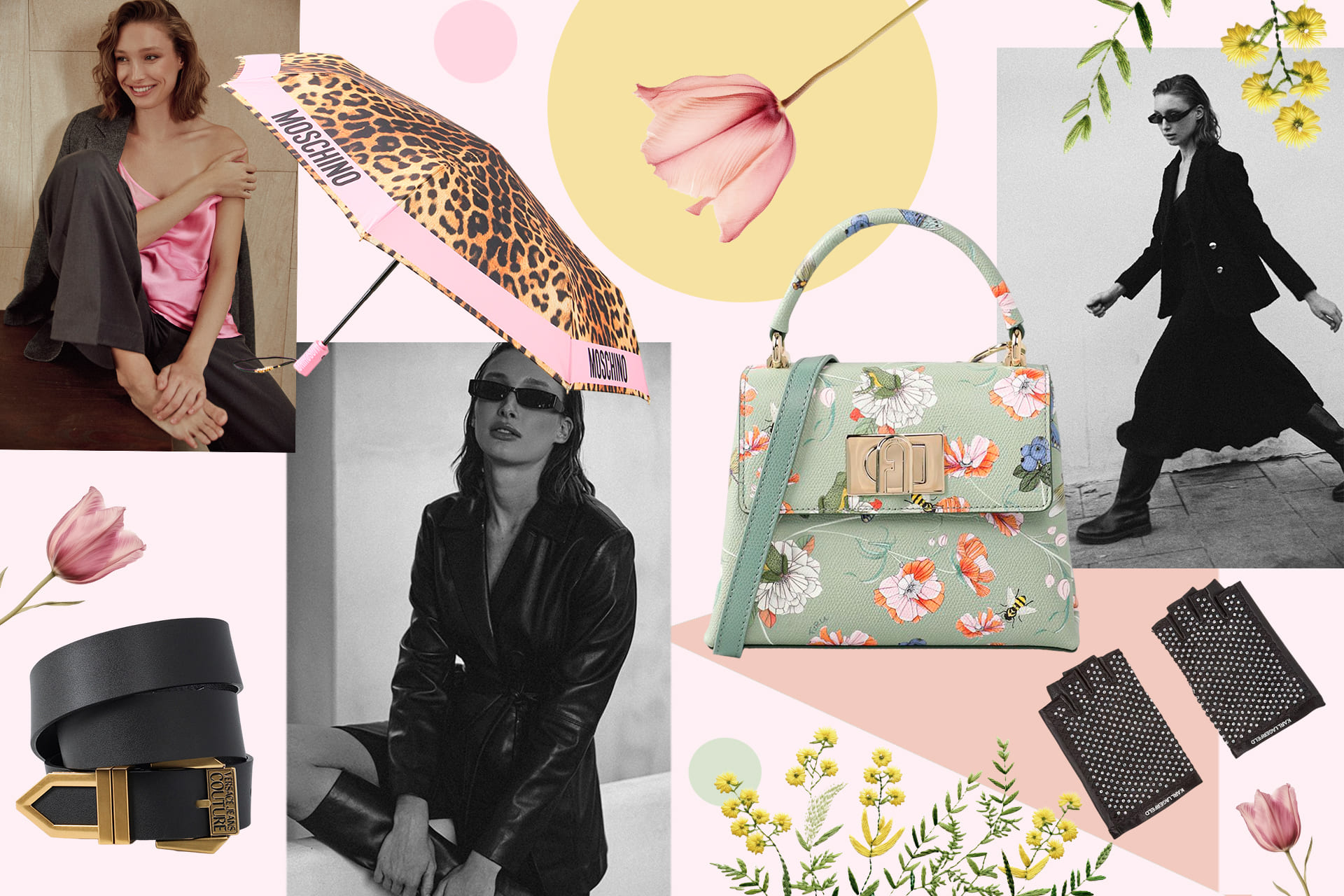 Ремень Versace Jeans Couture; зонт Moschino; сумка Furla; перчатки Karl Lagerfeld
