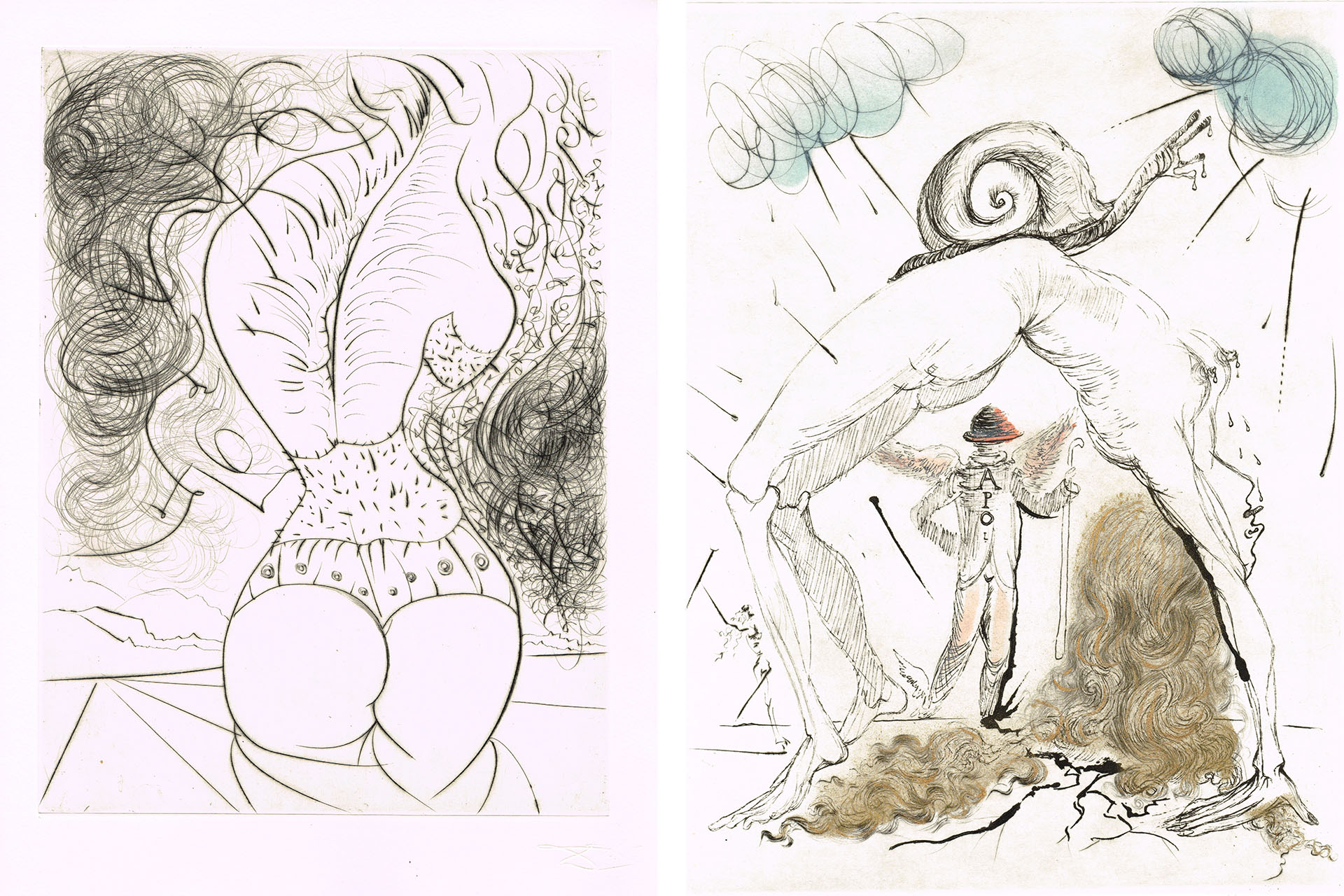 Слева направо: Сальвадор Дали «Торс» из «Венеры в мехах», сухая игла, 1970 год / Сальвадор Дали «Женщина с улиткой» из «Тайных поэм Аполлинера», офорт, сухая игла, акварель, 1967 год
