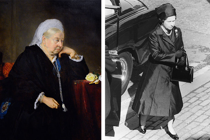 Слева: Портрет английской королевы Виктории,  Берта Мюллер, 1900 год, Национальная портретная галерея, Лондон / справа: королева Елизавета II  на похоронах лорда Маунтбеттена, Лондон, 1979 год