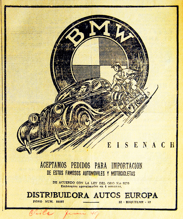После окончания Второй мировой войны главная автомобильная производственная площадка BMW — завод в тюрингском городе Айзенах — отошел к советской военной администрации. Было создано советско-германское акционерное общество «Автовело», продолжившее производство мотоциклов и автомобилей под маркой BMW. А в Мюнхене тоже выпускали мотоциклы BMW. На некоторых рынках конкурирующие предприятия предлагали товар под одной маркой! Чилийская реклама общества «Автовело»