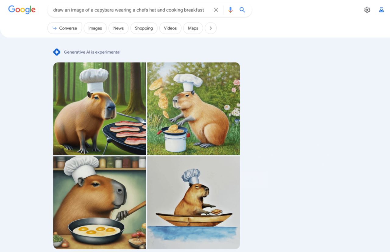 Картинки, сгенерированные по запросу «Капибара в поварской шапке, которая готовит завтрак»
