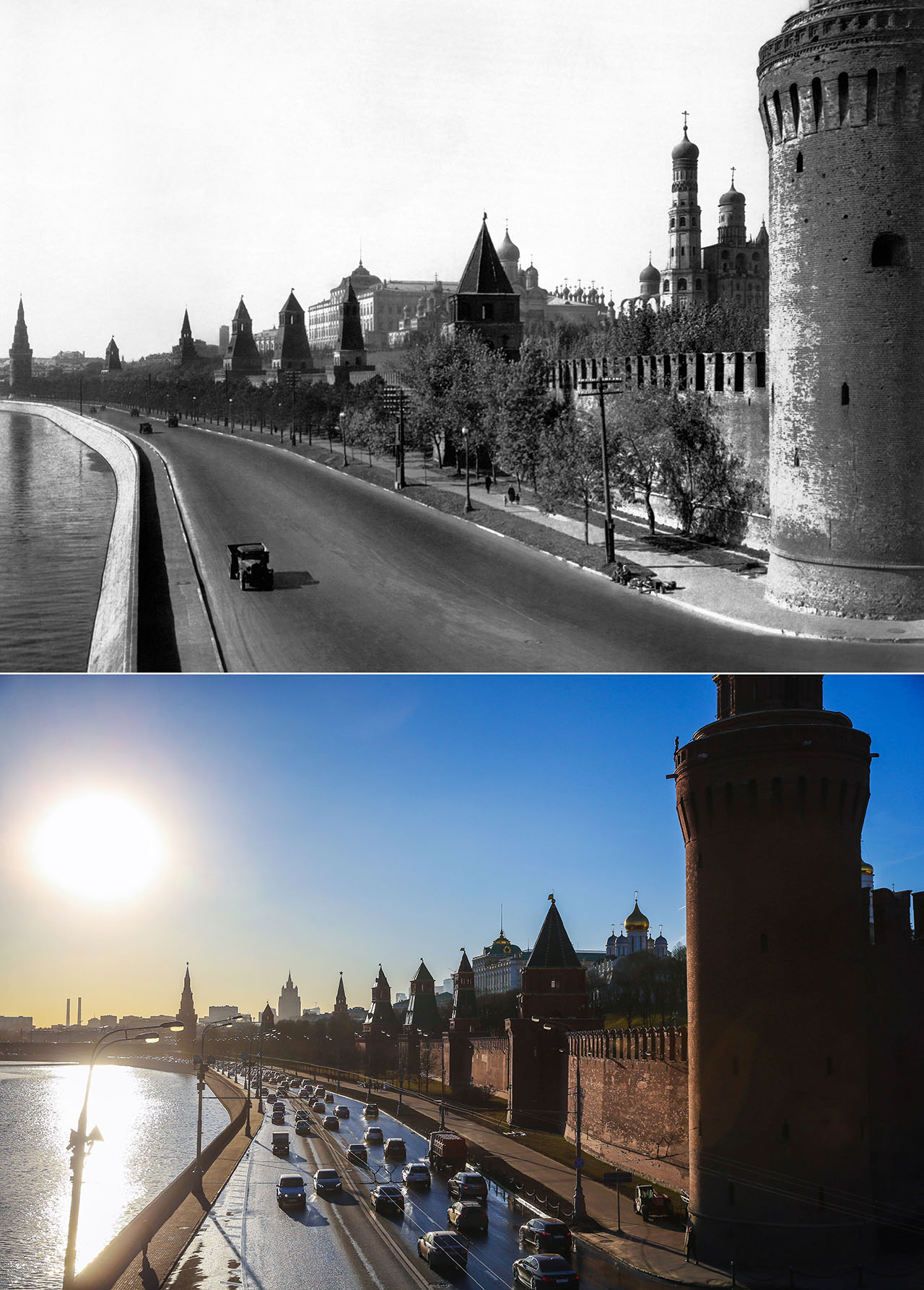 Сверху: вид на Кремлевскую набережную, 1944 год / снизу: вид на Кремлевскую набережную, наши дни