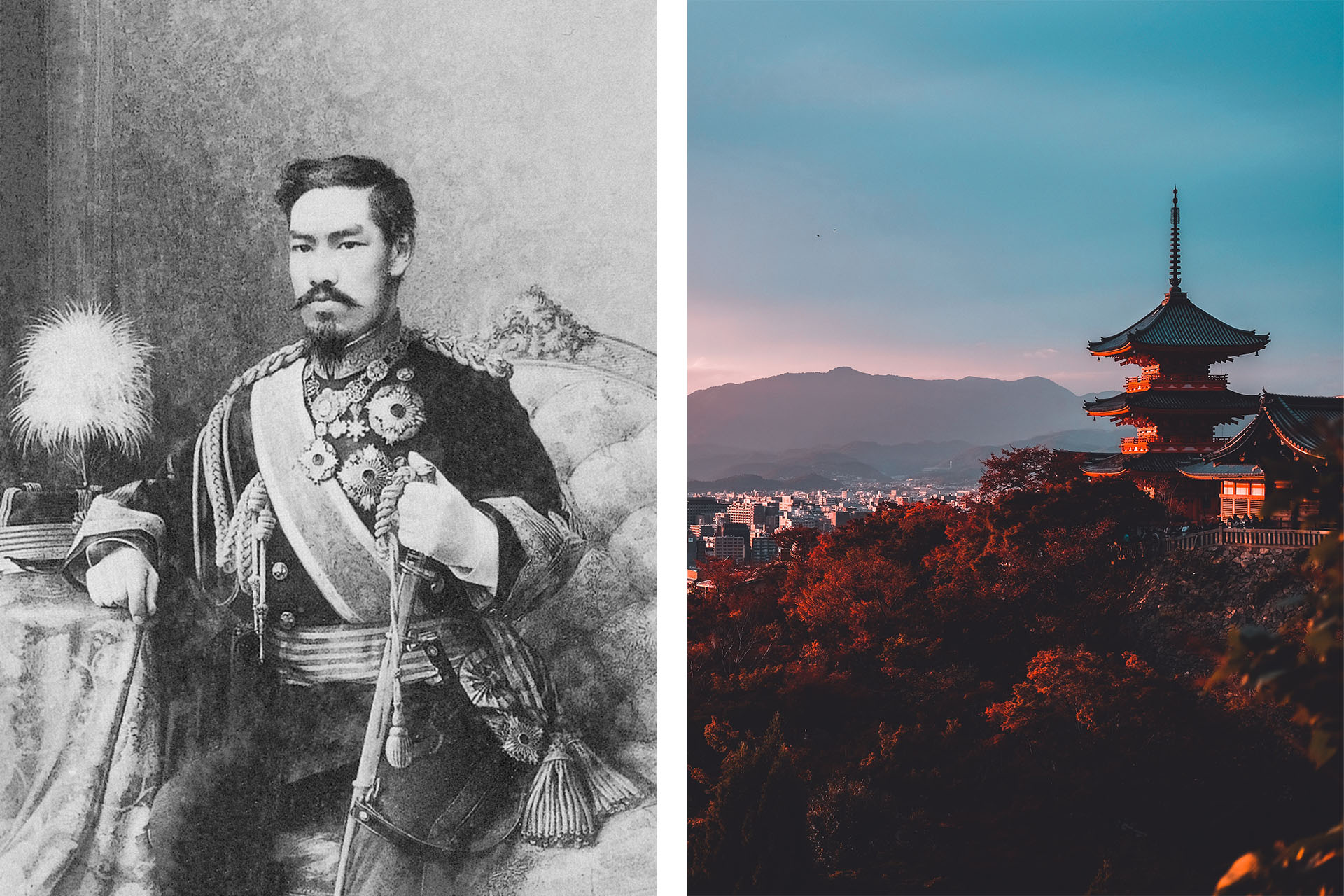 Слева: император Мэйдзи; справа: виды Японии
