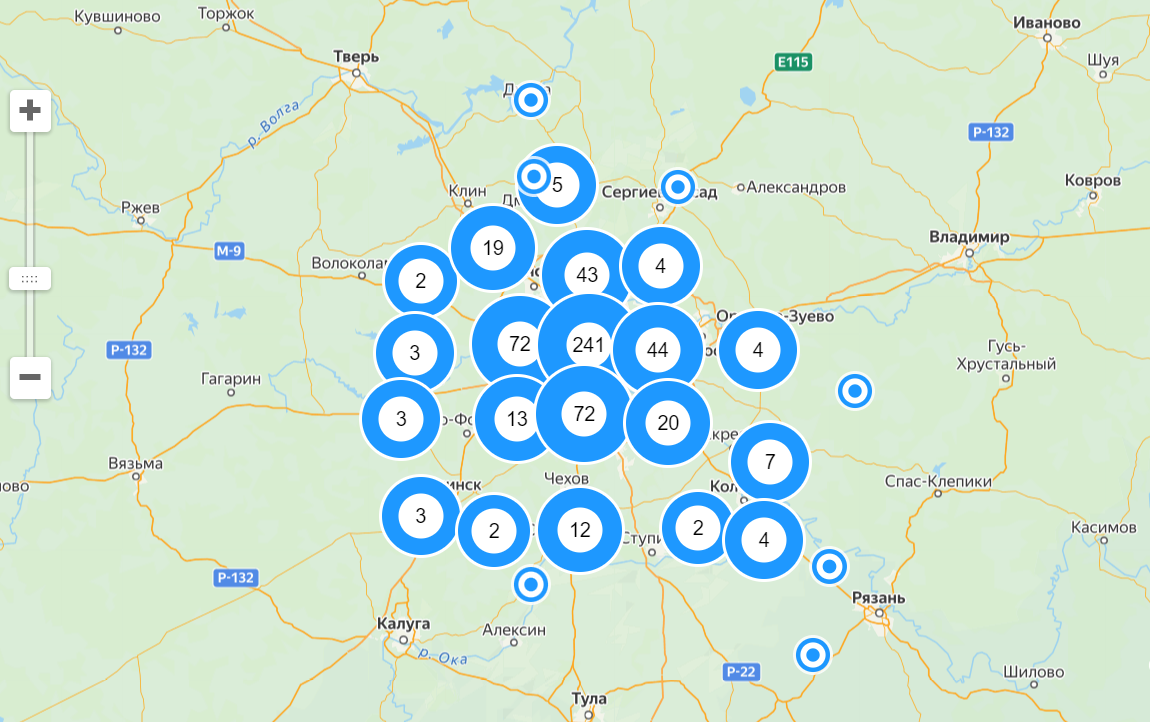 Карта г. Москвы и области с количеством пансионатов всех типов по уходу за пожилыми людьми