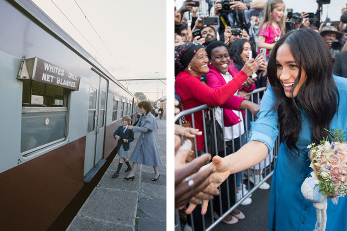 Слева: надпись на вагоне поезда «Только для белых» ; справа: поклонники встречают Меган Маркл, герцогиню Сассекскую, 2019 год