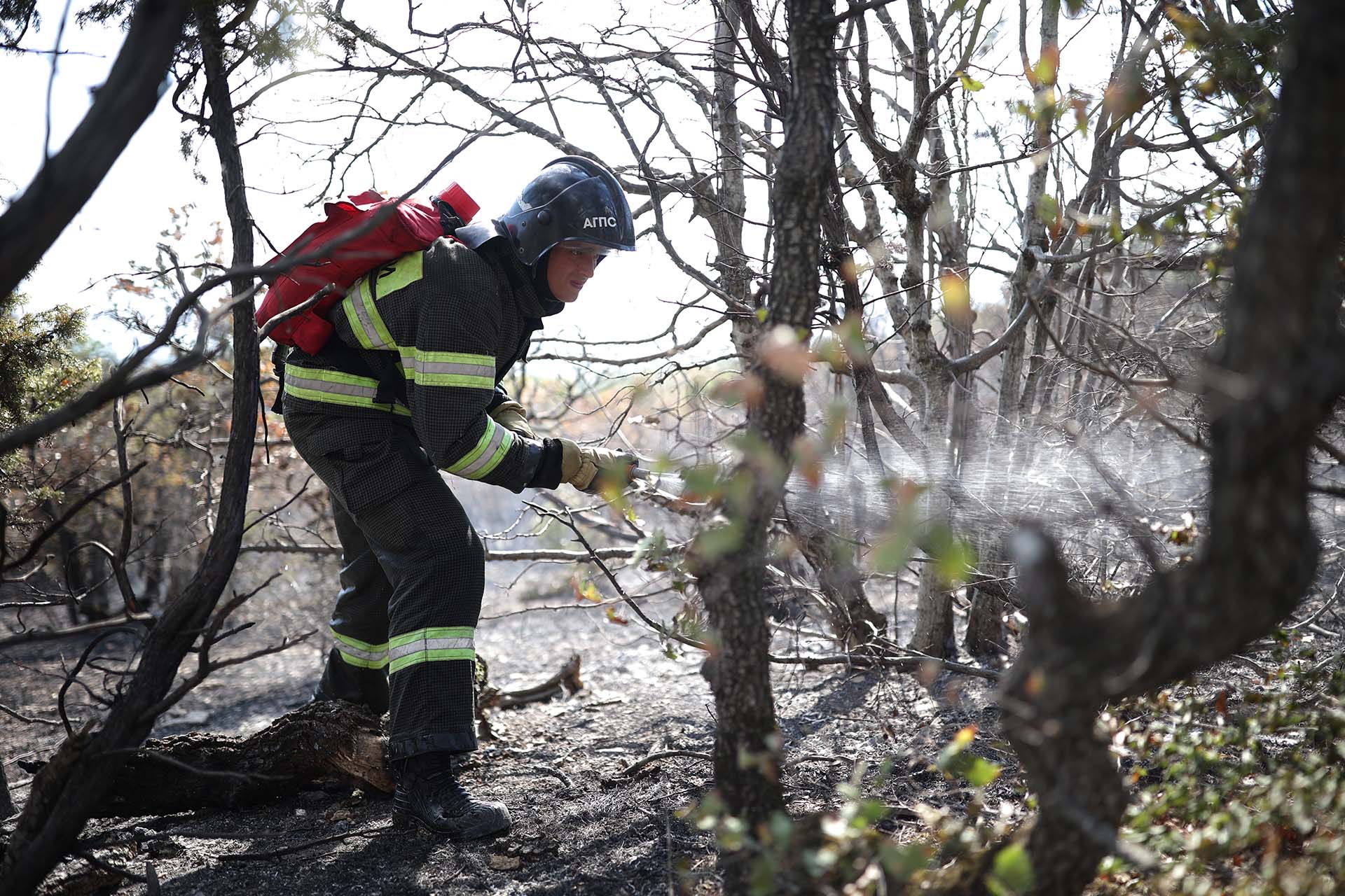Пожарный работает на месте тушения лесного пожара в Геленджике