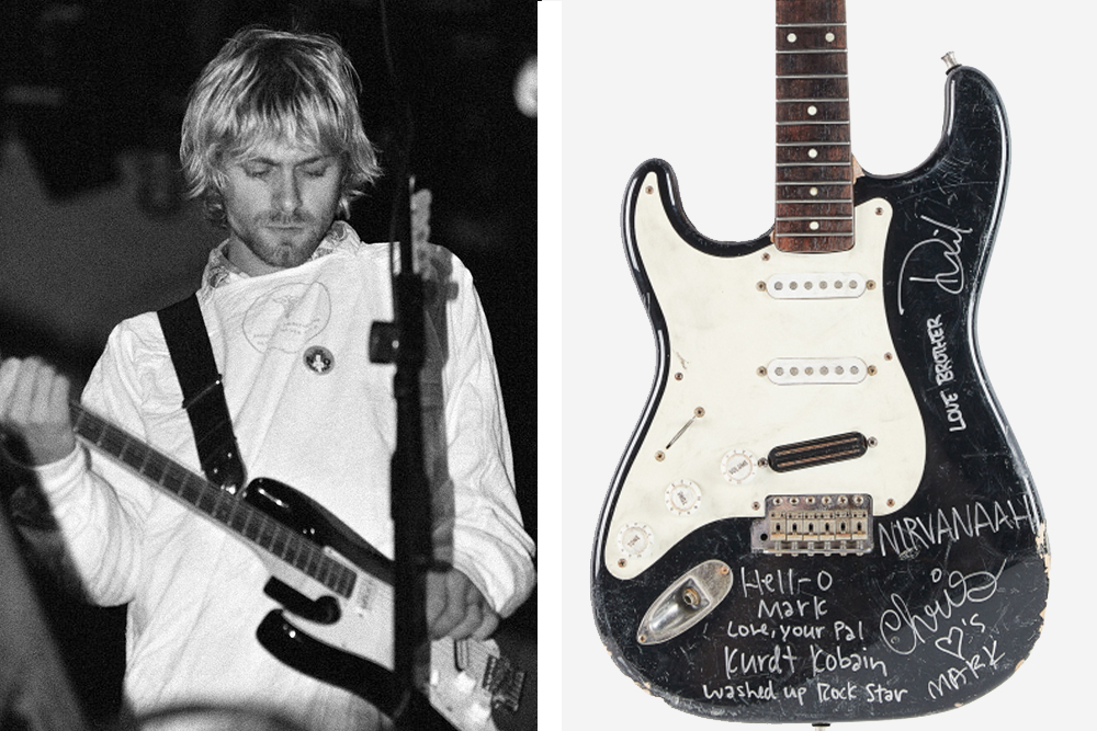 Слева: Курт Кобейн; справа: проданная на аукционе разбитая гитара