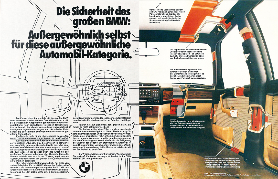 К 1980-м в рекламе вновь становится много графики, от которой, с улучшением полиграфии, в 1960-е все отказались. Всплеск технических достижений в автомобильной отрасли изменил и тему. Авторы рекламы BMW «семерки» E23 выпуска 1981 года всячески льстят познаниям будущего владельца в современной технике