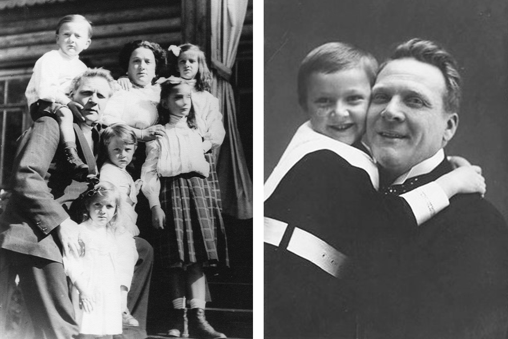 Слева: Федор Шаляпин с женой Иолой Торнаги и детьми, 1910 год; справа: Федор Шаляпин с сыном Борисом, 1911 год