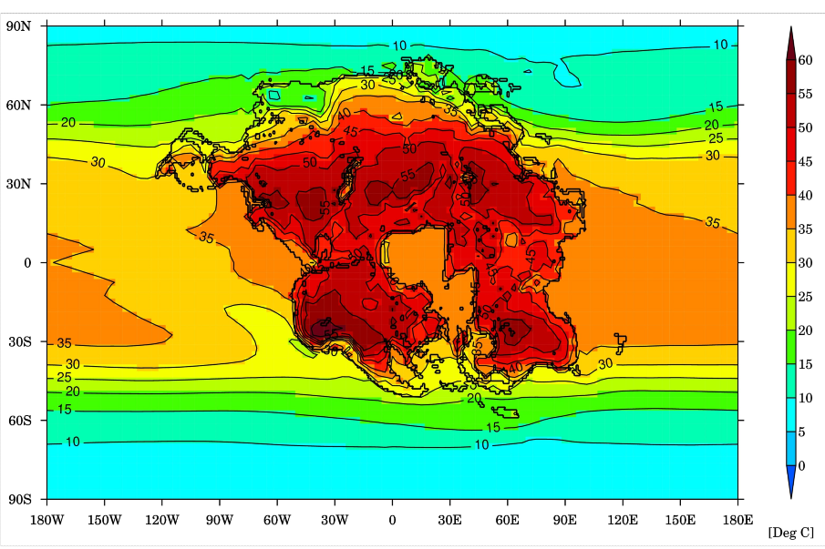 Моделирование температуры самого жаркого месяца в году на будущем суперконтиненте Пангея Ультима