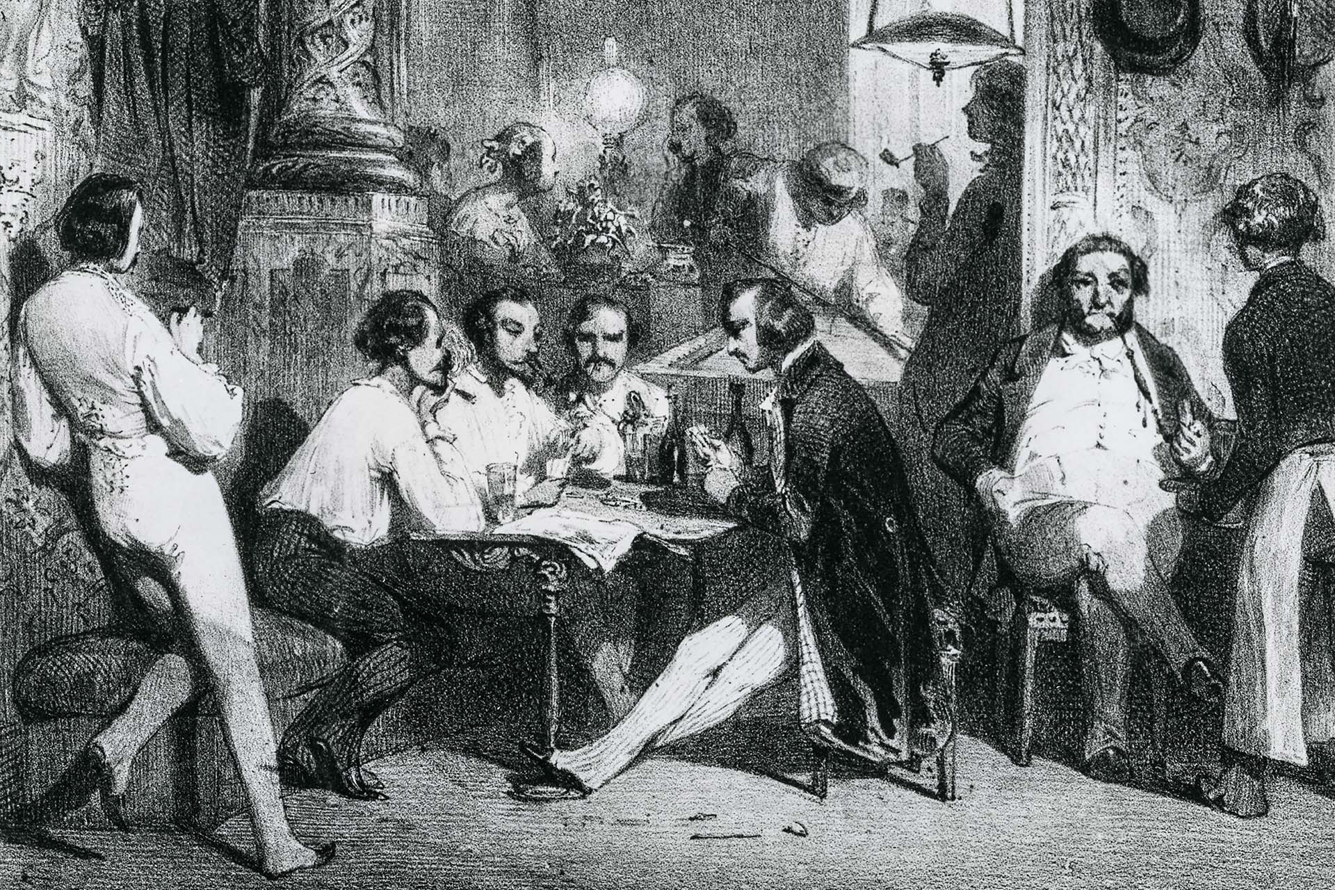 Игроки в карты в таверне в 1834 году, гравюра Селестина Нантейля