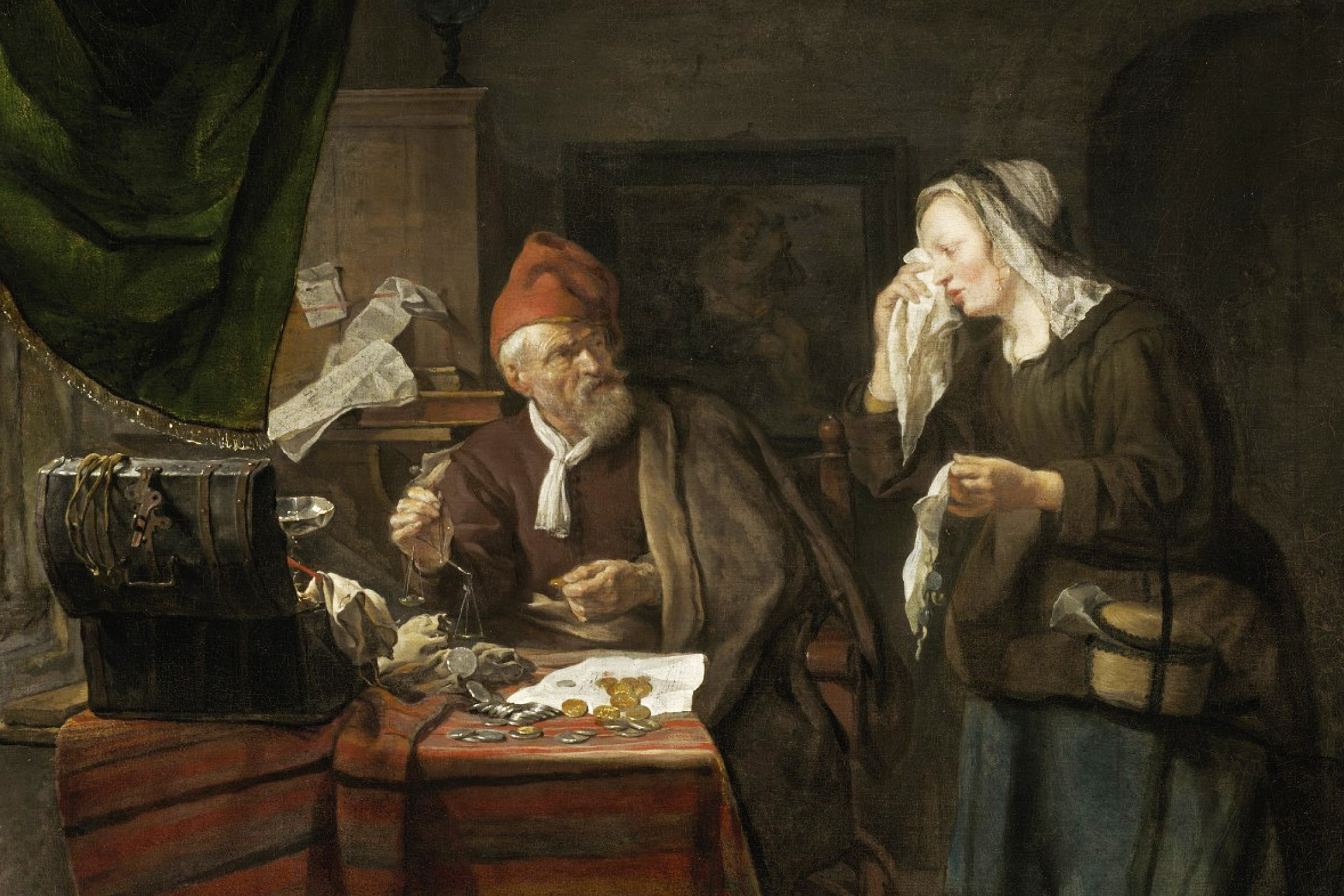 Габриэль Метсю. «Ростовщик и плачущая женщина», 1654