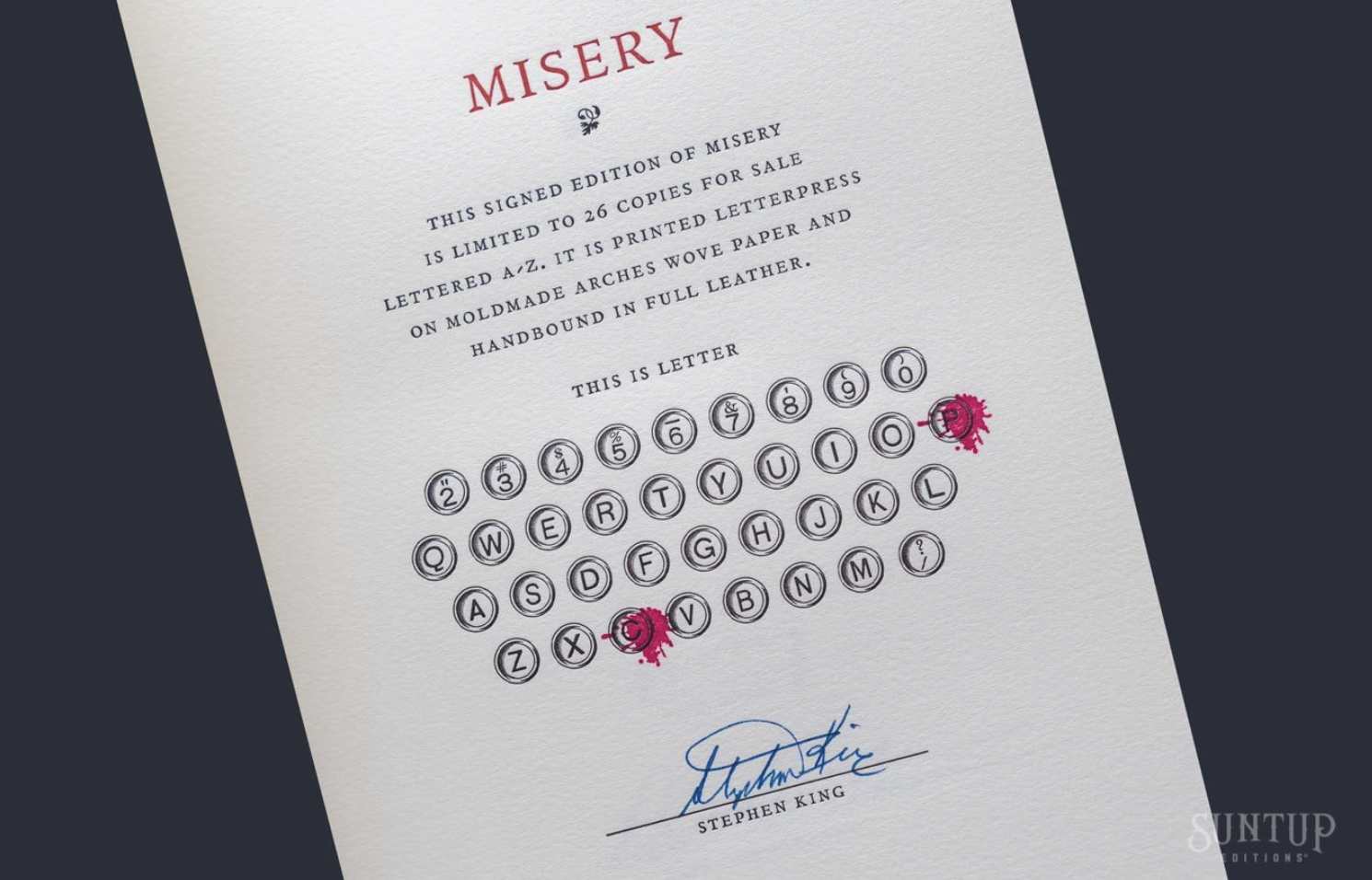 Автограф Стивена Кинга на одном из 26 лимитированных экземпляров романа «Мизери» 