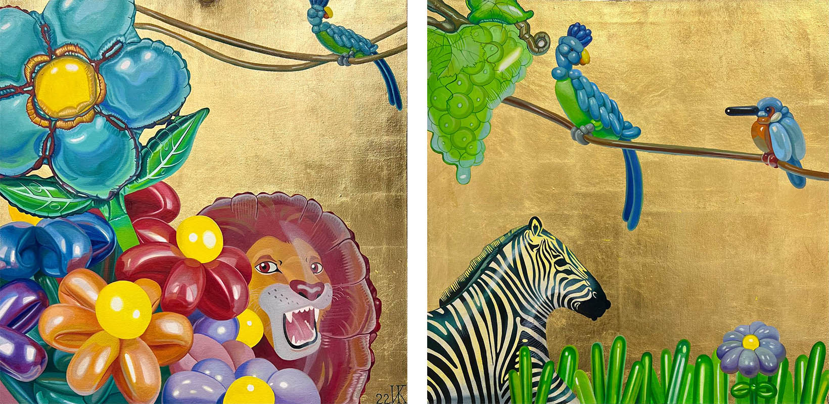 Слева: «Огнегривый лев» х.м. золочение, 100х100см, 2022 год; справа: «Звери и птицы» х.м. золочение, 100х100см, 2022 год