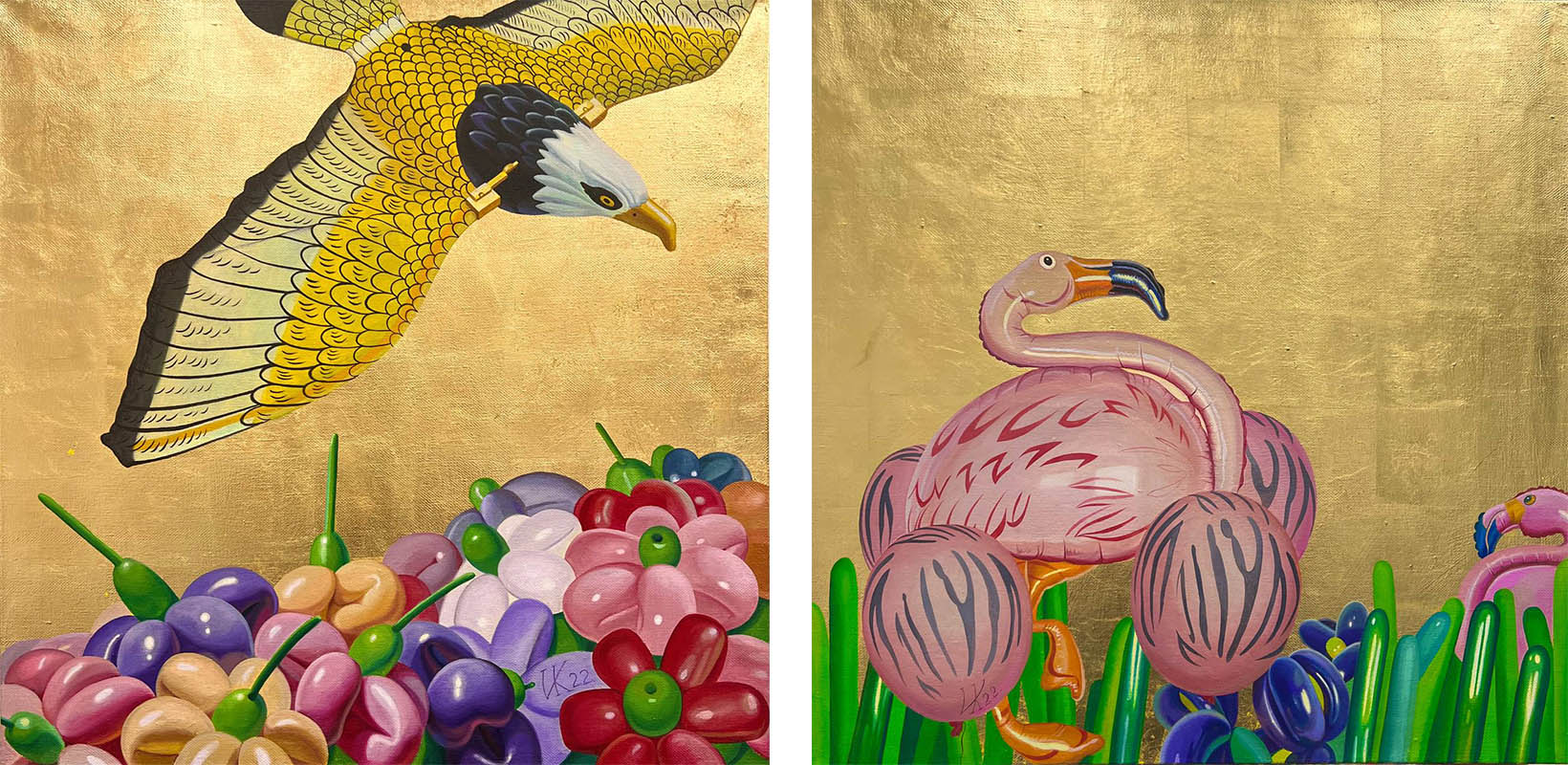 Слева: «Орел небесный» х.м. золочение, 100х100, 2022 год; справа: «Птицы небесные» х.м. золочение, 100х100см, 2022 год