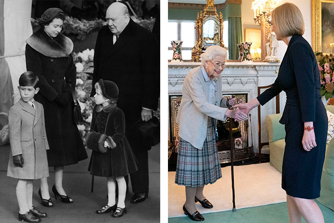 Слева: Королева Елизавета II с премьер-министром Великобритании сэром Уинстоном Черчиллем на вокзале Ватерлоо в Лондоне , 24 ноября 1954 года; справа: Королева Елизавета приветствует новоизбранного премьер-министра Лиз Трасс. Абердин, Шотландия, 6 сентября 2022 года