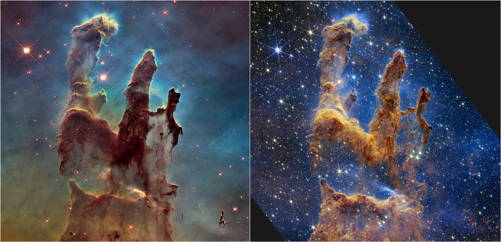 Слева: снимок 2014 года, сделанный телескопом «Хаббл»; справа: снимок 2022 года, сделанный «Джеймсом Уэббом»