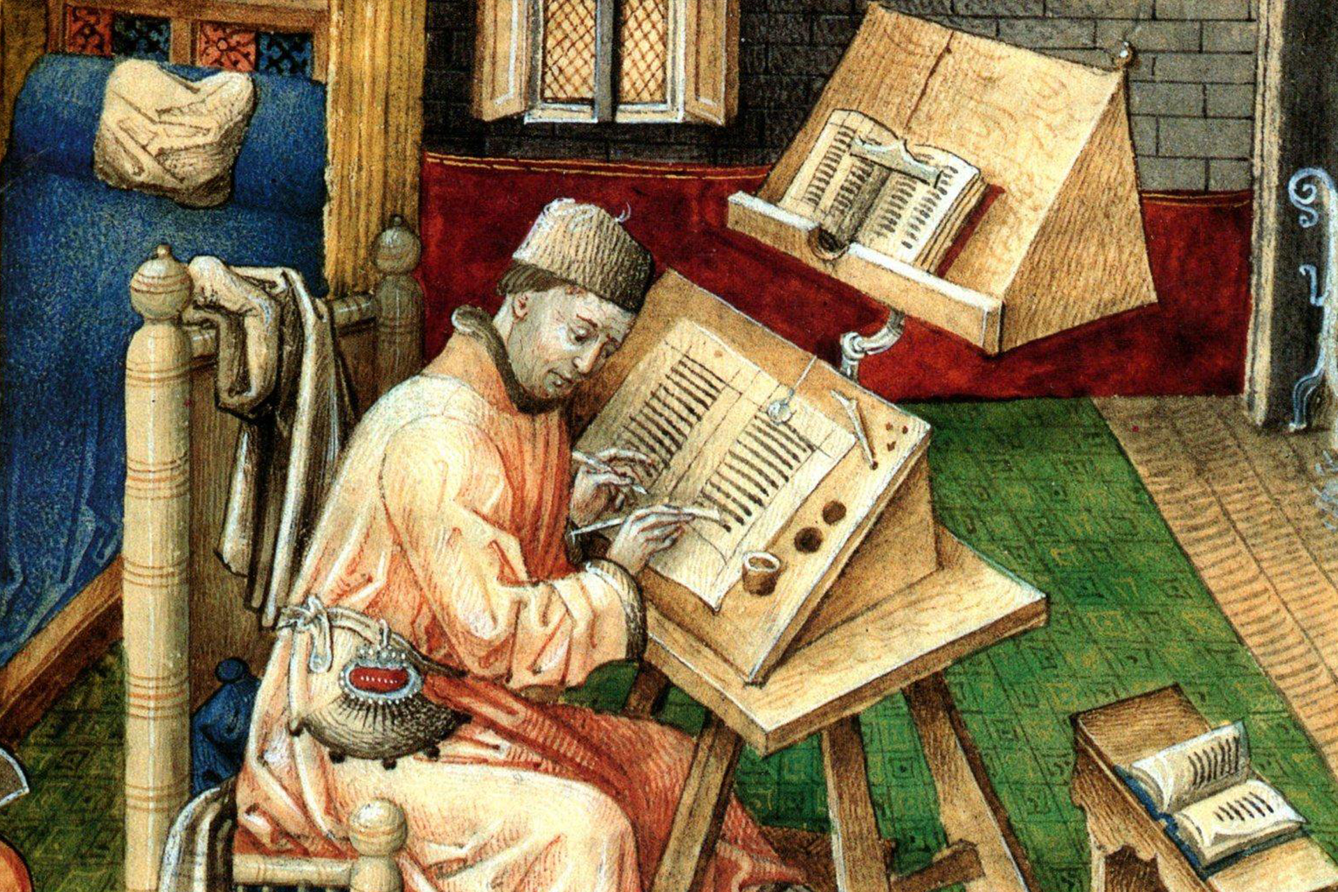«Жан Миело за рабочим столом».
2-я половина 15 века. Неизвестный художник-миниатюрист