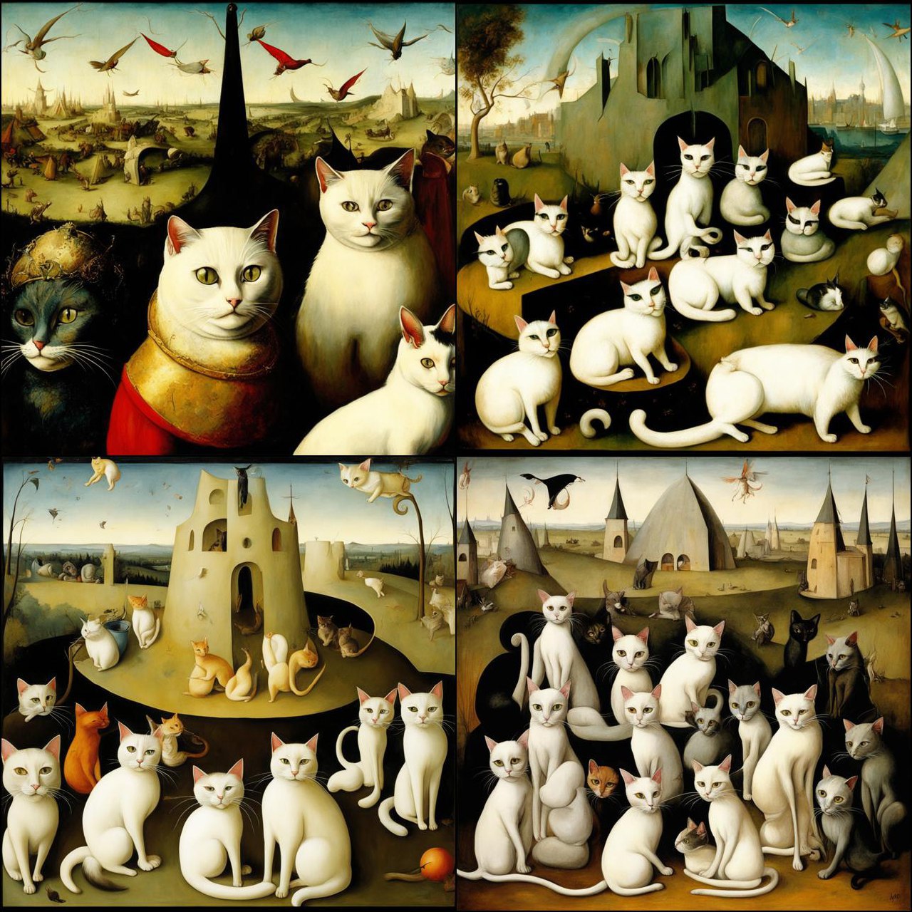Результаты генерации по запросу «много котов в стиле Иеронима Босха» с помощью Kandinsky