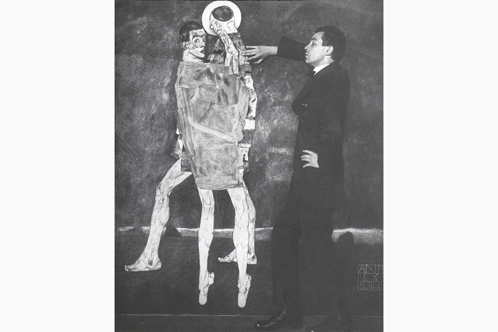 Эгон Шиле со своей картиной, 1914 год