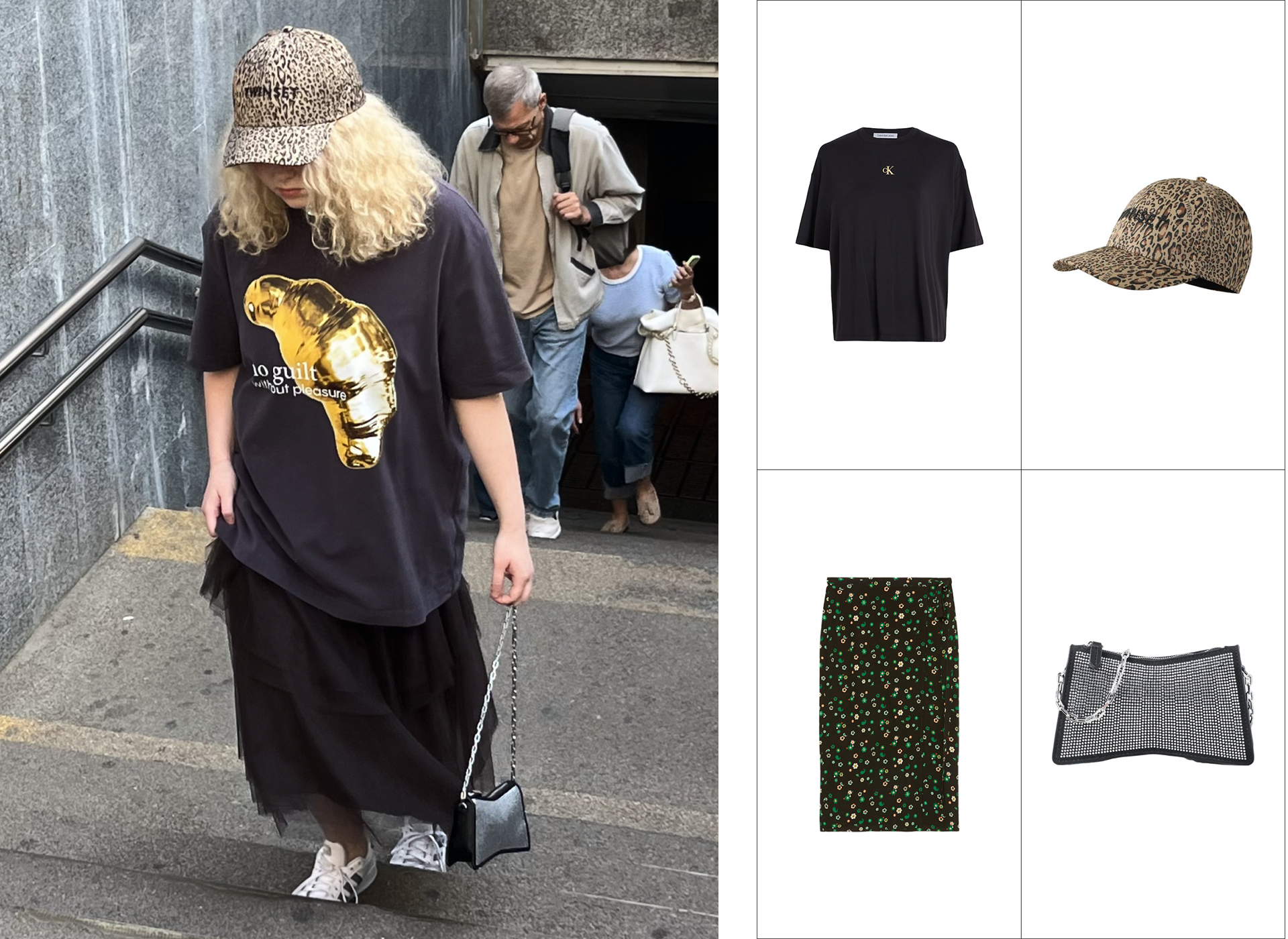 Футболка Calvin Klein Jeans; бейсболка Twinset; юбка Marc O'Polo Denim; сумка клатч Karl Lagerfeld