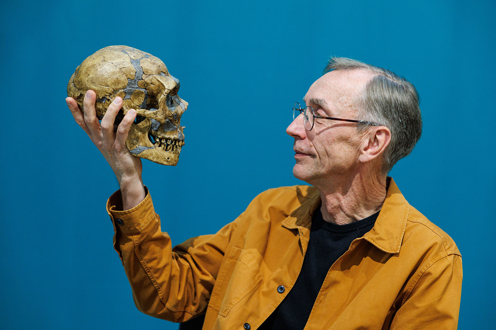 Сванте Пабо с макетом черепа неандертальца