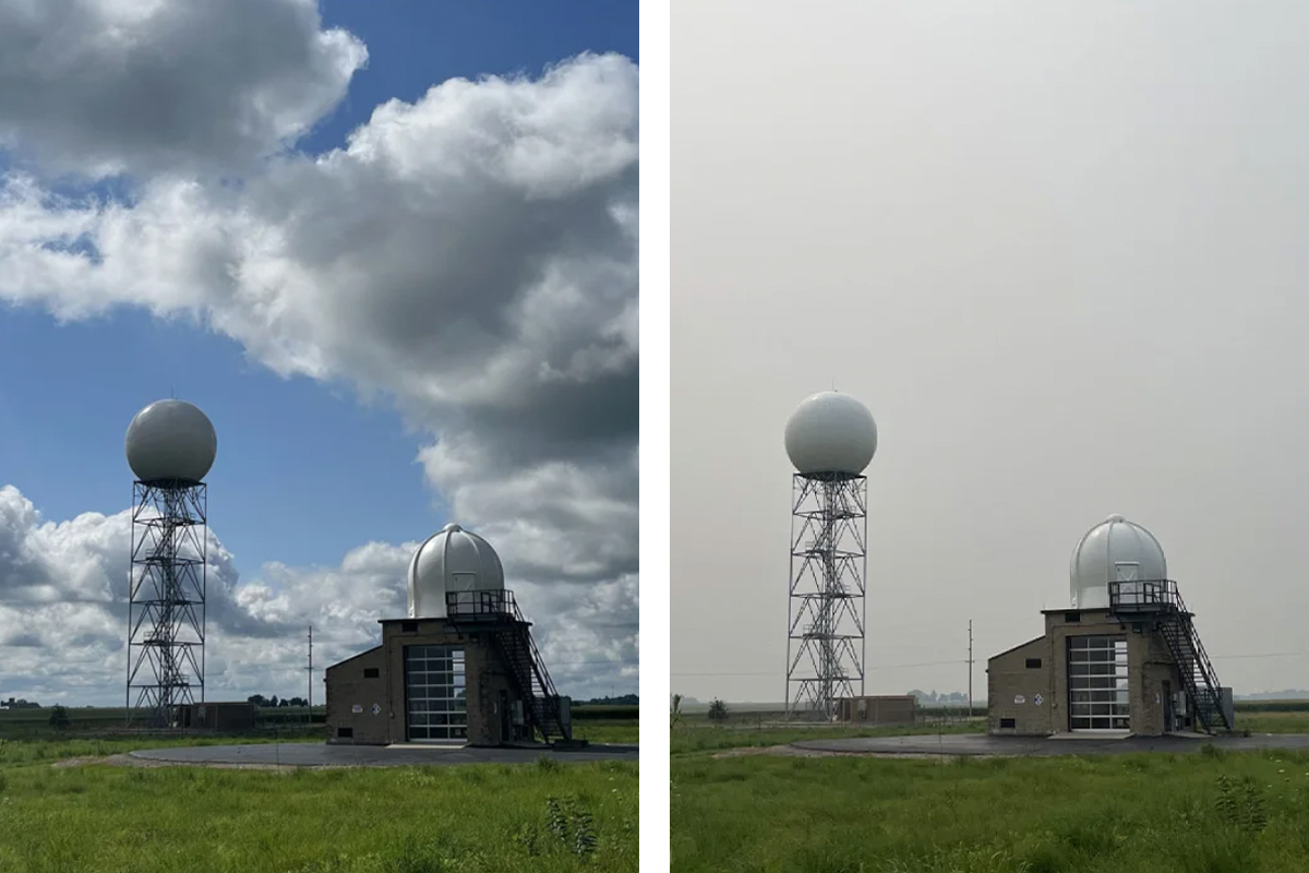 Слева: ясное небо, 15 июля; справа: дым от лесных пожаров, 16 июля