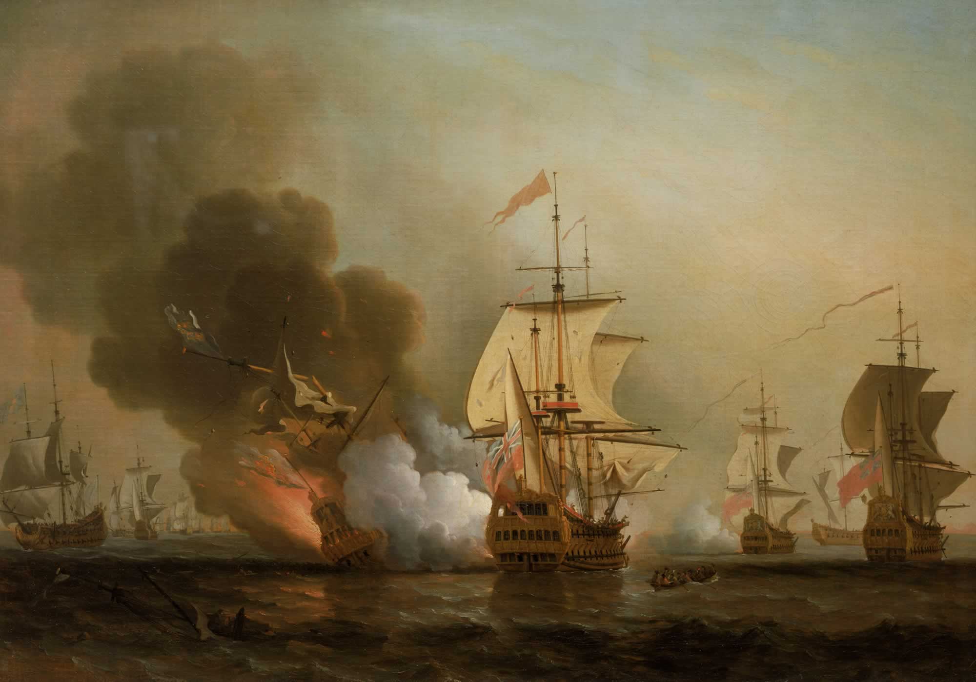 Картина Сэмюэля Скотта «Морская битва при Картахене». Изображён момент взрыва на корабле «Сан-Хосе»