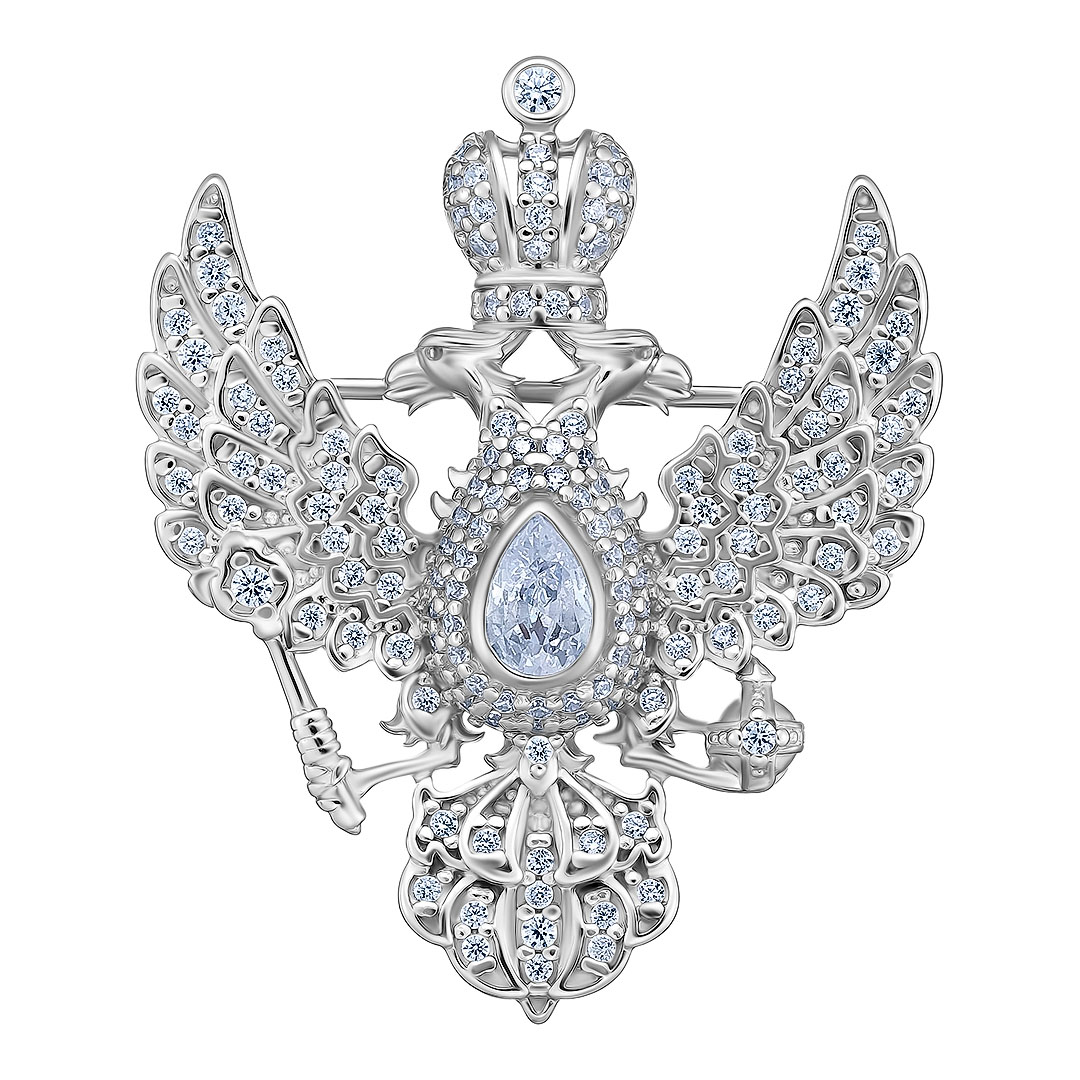 Серебряная брошь с фианитами «Герб России»