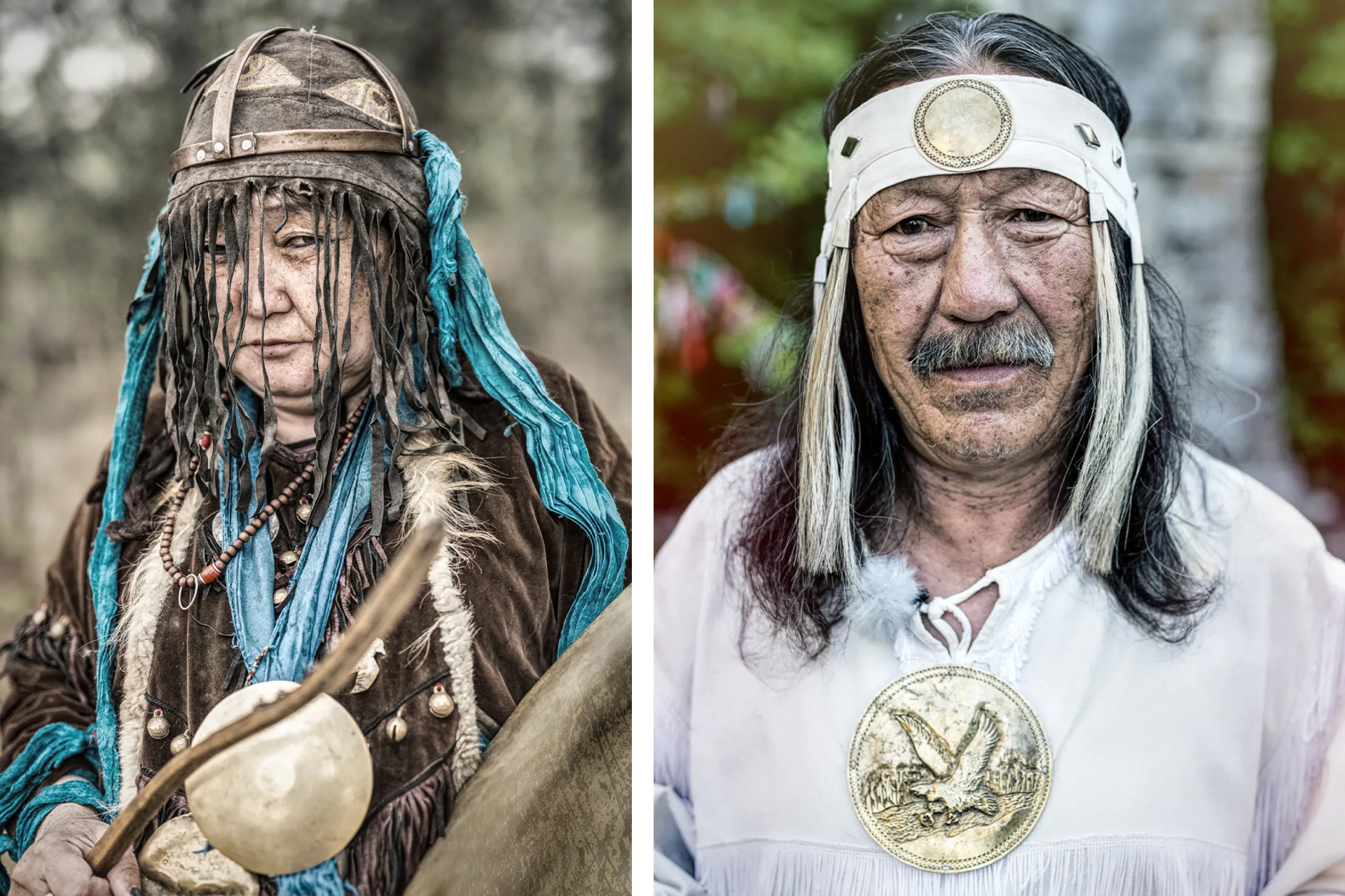 Слева: эвенкийская шаманка; справа: якутский шаман из республики Саха