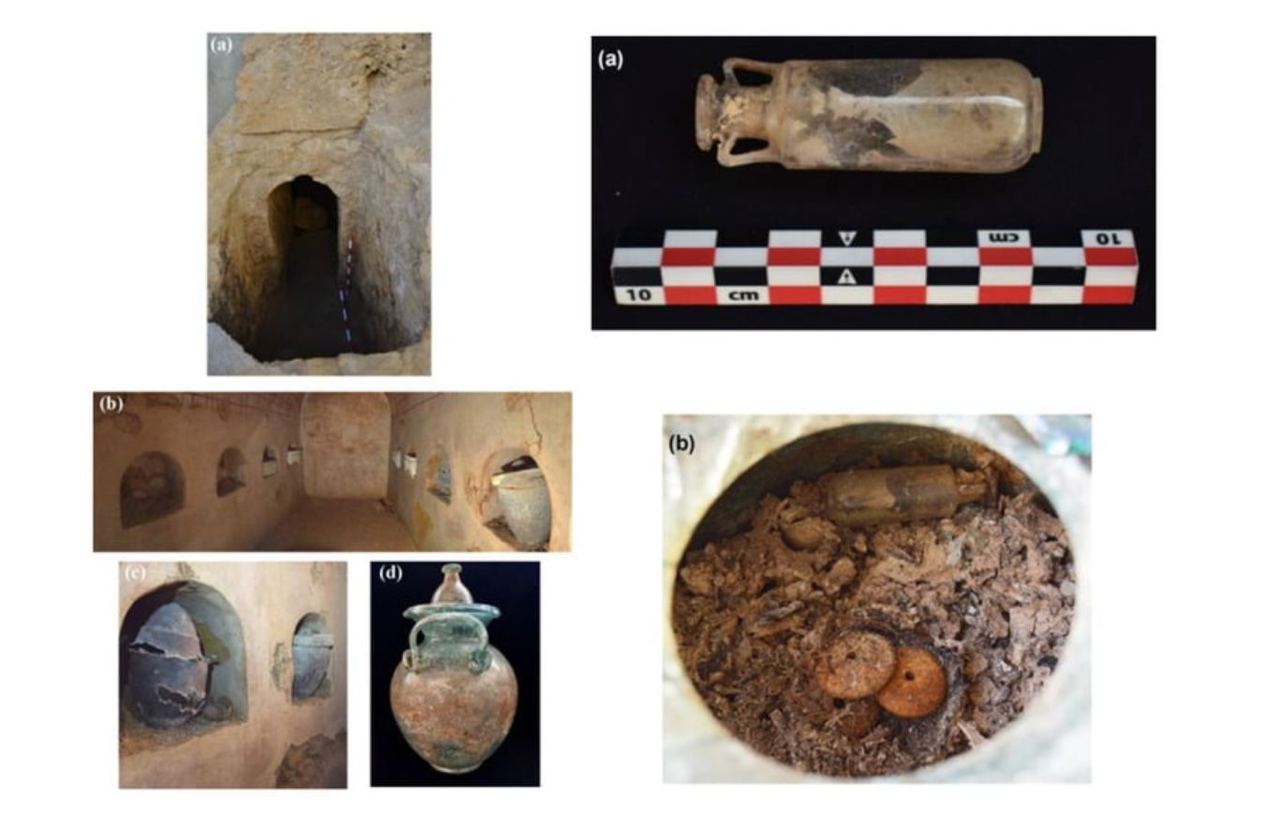 Фотографии обнаруженной гробницы и сохранившегося сосуда с парфюмом