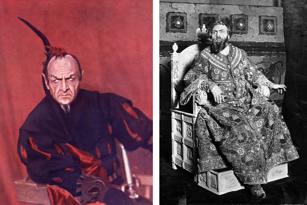 Слева: Федор Шаляпин  в образе Мефистофеля, 1915 год; справа: Шаляпин  в образе Бориса Годунова
