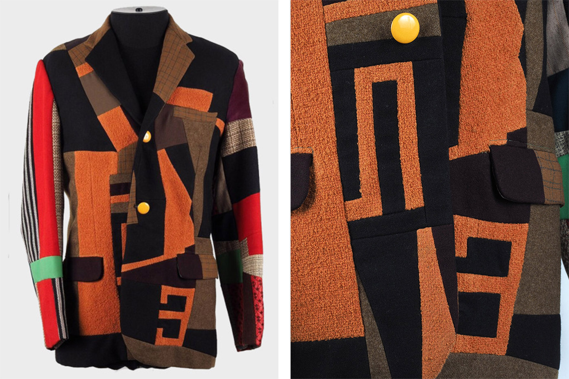 Собственноручно скроенный и сшитый Эдуардом Лимоновым пиджак, состоящий из 114 лоскутов разноцветных тканей. Начало 1970-х годов